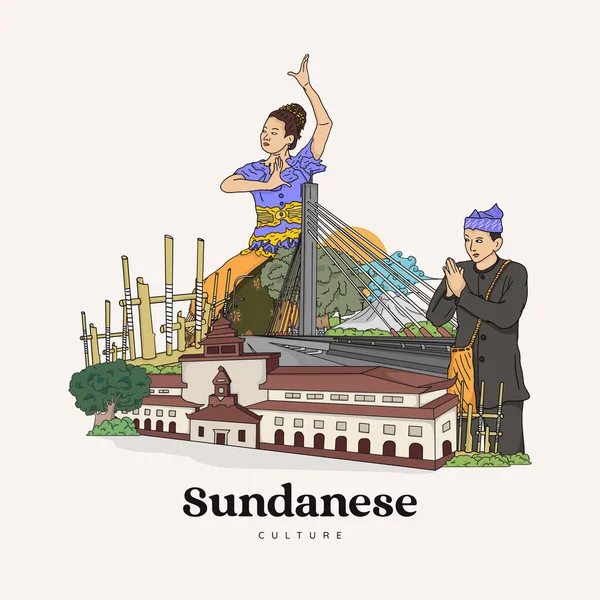 Set Sundanese Illustration Hand Drawn Indonesian Cultures Background — Archivo Imágenes Vectoriales