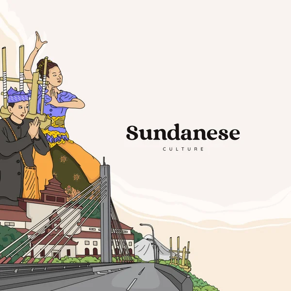 Set Sundanese Illustration Hand Drawn Indonesian Cultures Background — Archivo Imágenes Vectoriales