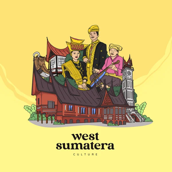 Set West Sumatera Minangnese Illustration Hand Drawn Indonesian Cultures Background - Stok Vektor