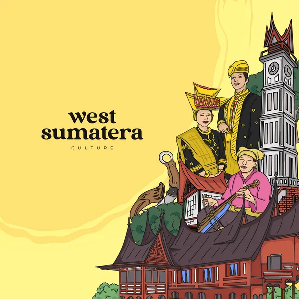 Set West Sumatera Minangnese Illustration Hand Drawn Indonesian Cultures Background - Stok Vektor