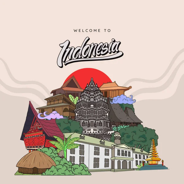 Indonesia Landmark Hand Drawn Indonesian Cultures Background — 图库矢量图片