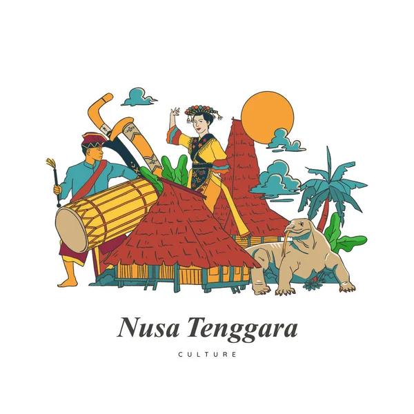 Set Nusa Tenggara Culture and Landmark Illustration. Hand drawn Indonesian cultures background