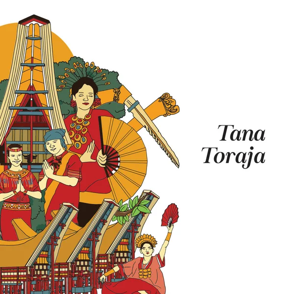 Set Torajan South Sulawesi Illustration Hand Drawn Indonesian Cultures Background —  Vetores de Stock