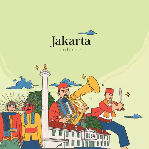 Set Jakarta Illustration Hand Drawn Indonesian Cultures Background — 스톡 벡터