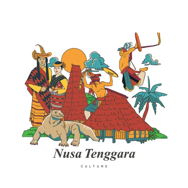 Set Nusa Tenggara Culture and Landmark Illustration. Hand drawn Indonesian cultures background
