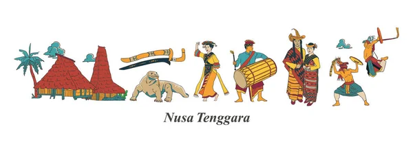 Set Nusa Tenggara Culture and Landmark Illustration. Hand drawn Indonesian cultures background