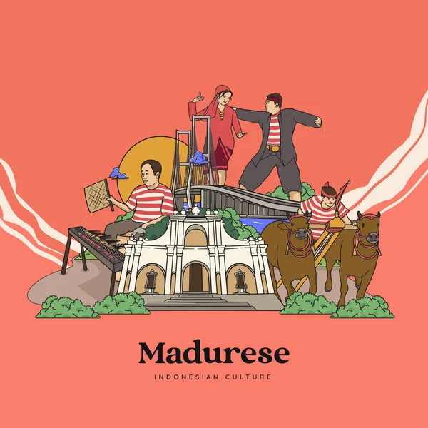 Set Madura Illustration. Hand drawn Indonesian cultures background