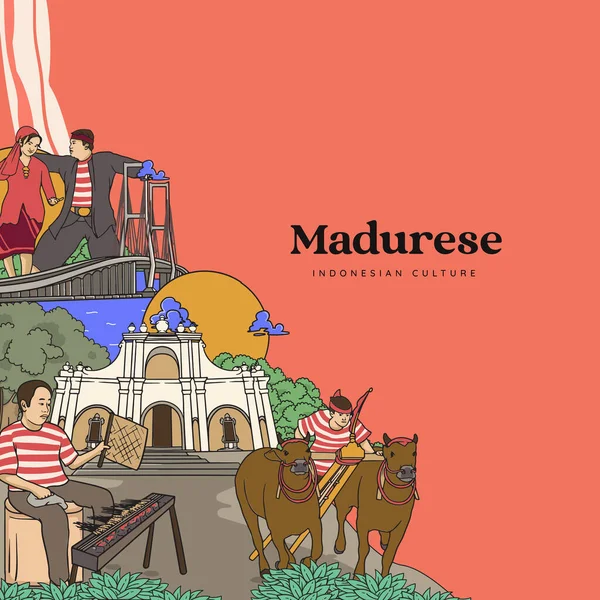 Set Madura Illustration Hand Drawn Indonesian Cultures Background — ストックベクタ