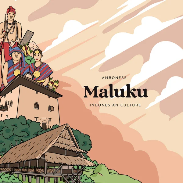 Set Maluku Illustration Hand Drawn Indonesian Cultures Background — Archivo Imágenes Vectoriales