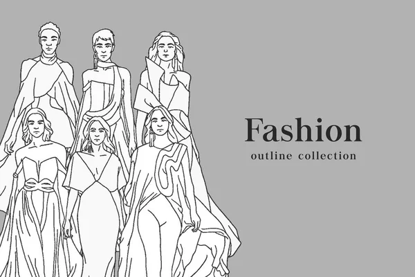 Woman Fashion Show Hand Drawn Vector Illustration Models Dressed Trendy — Vettoriale Stock