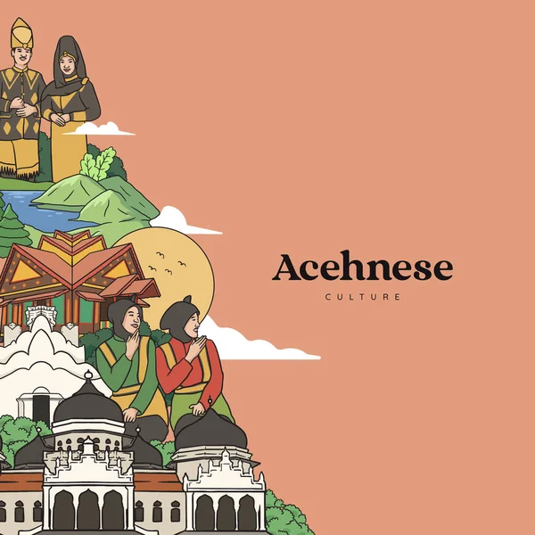 Set Aceh Illustration Hand Drawn Indonesian Cultures Background — Archivo Imágenes Vectoriales