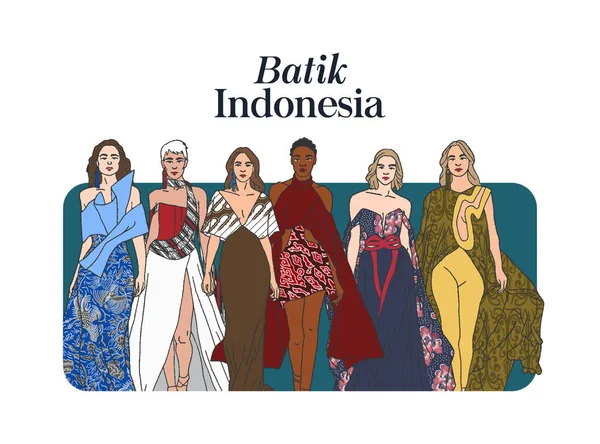 Woman Fashion Show Hand Drawn Vector Illustration Models Dressed Indonesian — Image vectorielle