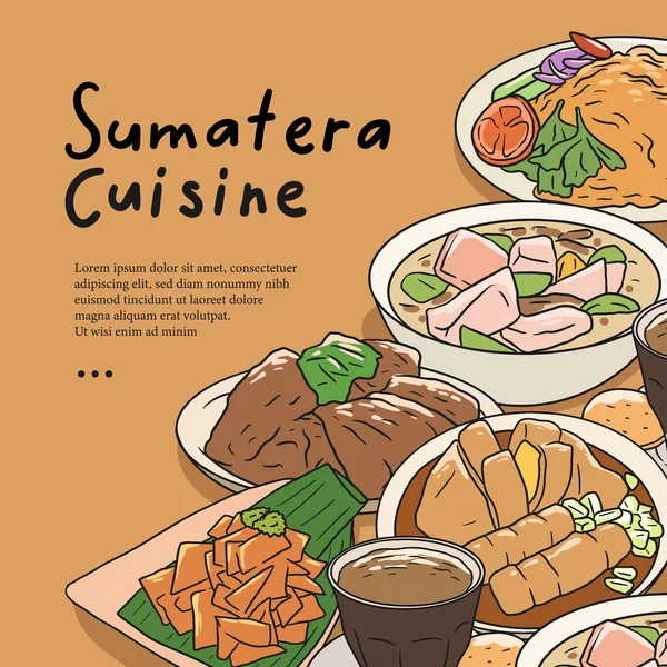 Sumatera Cuisine Hand Drawn Illustration Vector Indonesian Food Set Collection — 스톡 벡터