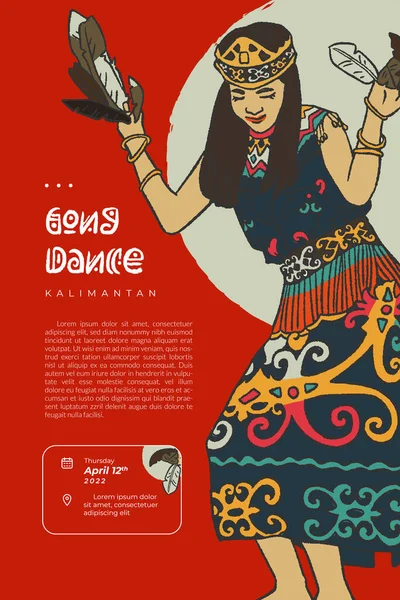 Kalimantanese Gong Dance Poster Social Media Background Hand Drawn Illustration — Stockvector