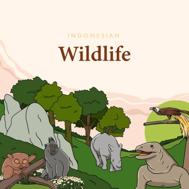 Indonesian animals and plants hand drawn vector illustration. Zoo social media post template