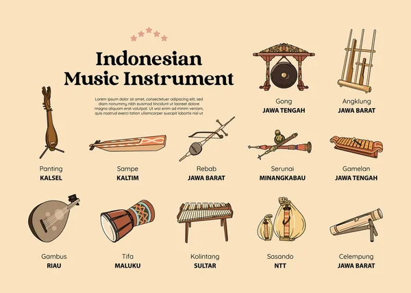 Set Indonesian Traditional Music Instrumental Hand Drawn Illustration — Vetor de Stock