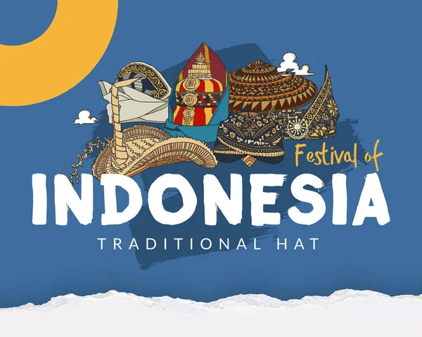 Colorfull Poster Indonesia Traditional Hat Hand Drawn Illustration Social Media — Vettoriale Stock