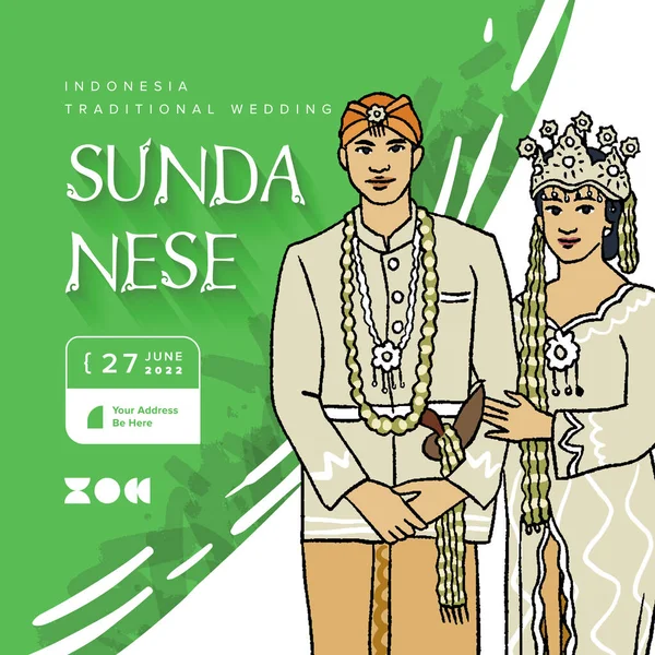 Green Sundanese Traditional Wedding Event Banner Indonesia Culture Hand Drawn — 图库矢量图片