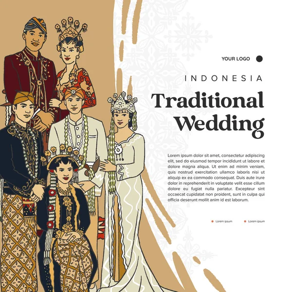 Indonesia Traditional Wedding Festival Banner Hand Drawn Illustration — Vetor de Stock