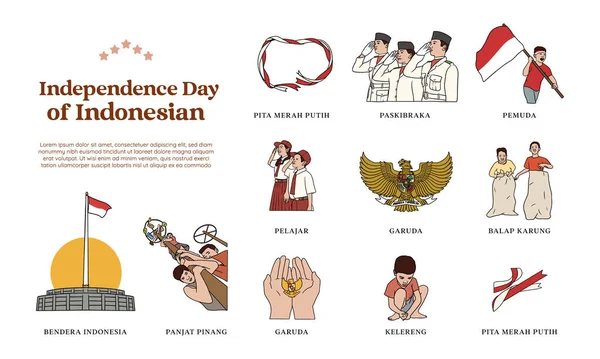 Set Indonesian Independence Day Hand Drawn Illustration Isolated Patriot Asset — Archivo Imágenes Vectoriales