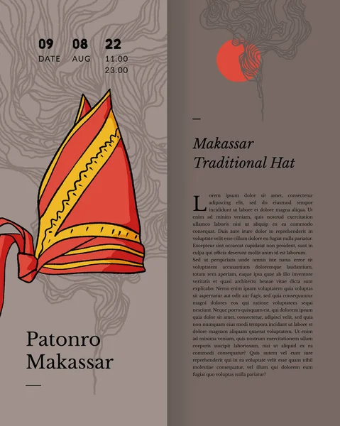 Patonro Makassar Traditional Hat Indonesia Culture Handrawn Illustration —  Vetores de Stock