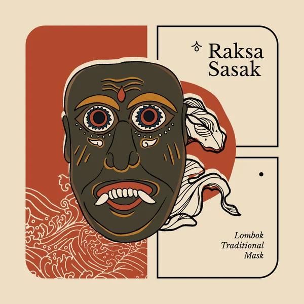 Lombok Παραδοσιακή Μάσκα Που Ονομάζεται Raksa Sasak Indonesia Κουλτούρα Handrawn — Διανυσματικό Αρχείο