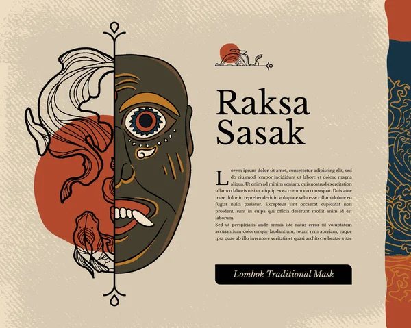 Raksa Sasak Lombok Παραδοσιακή Μάσκα Ινδονησιακή Κουλτούρα Χειρόγραφη Απεικόνιση — Διανυσματικό Αρχείο