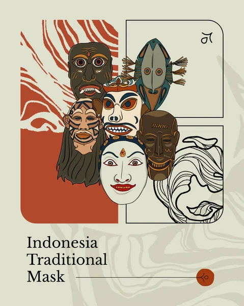 Индонезия Традиционные Маски Handrawn Иллюстрации Этнической Культуры Дизайн Вдохновения — стоковый вектор