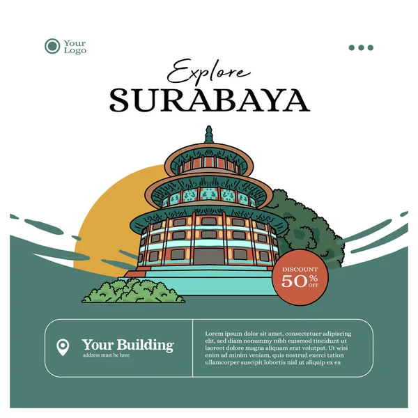 インドネシアスラバヤ手書きイラストポスター背景 — ストックベクタ