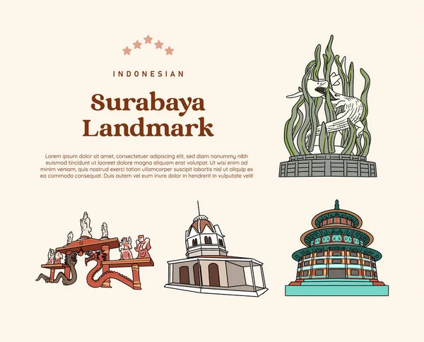 孤立的印度尼西亚苏拉巴亚地标和文化图解 — 图库矢量图片