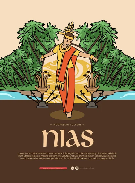 Nias Indonesia Cultura Fanari Moyo Danza Handrawn Ilustración Cartel Diseño — Archivo Imágenes Vectoriales