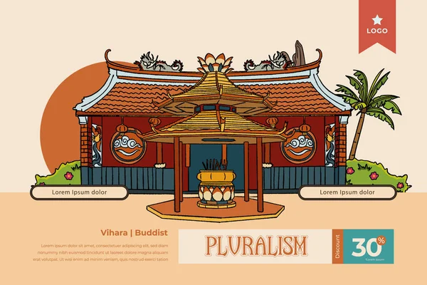 Indonesiska Vihara Buddist Religion Byggnad Handritad Illustration — Stock vektor