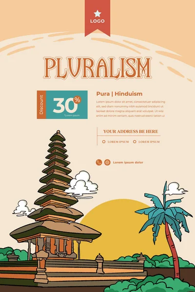 Indonesiska Pura Hindu Religion Byggnad Handritad Illustration — Stock vektor