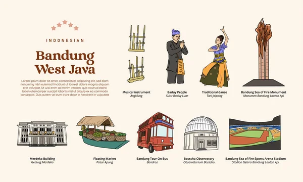 Ilustración Aislada Java Occidental Bandung Dibujado Mano Culturas Indonesias Antecedentes — Archivo Imágenes Vectoriales