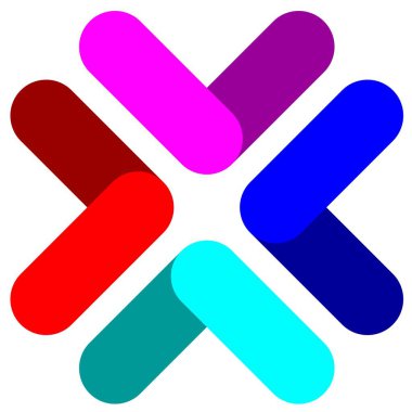 Renkli ok logo, simge, işaret, sembol, rozet, öge, etiket, amblem veya tasarım için merkez vektör ilülasyonuna işaret etti. Kırmızı mavi, mor, cyan ok. Renkli çapraz logo