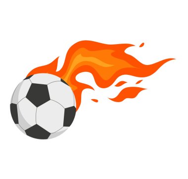 Soccer ball with black and white panels leaving behind fire trace raster illustration for sport theme poster. color football symbol isolated on white. Vector illustration