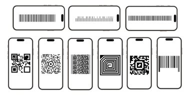 QR kodu ayarlandı. QR kod simgesini tara. Akıllı telefon için QR kodunu tara. Cep telefonu uygulaması, ödeme ve telefonun QR kodu. Vektör illüstrasyonu. 