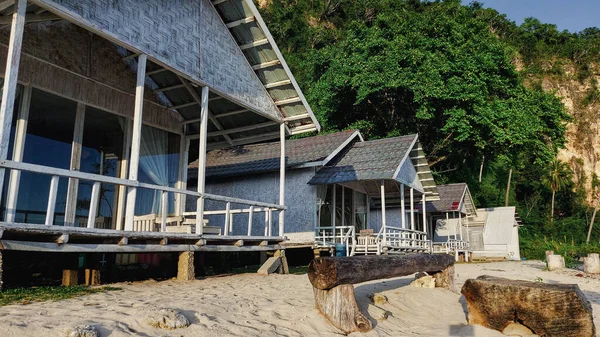 The wooden stilt houses are neatly lined up in the tourist area of Biluhu Beach, East of Gorontalo City.  it is rented out to visitors who wish to stay overnight.  outdoor photo on august 13, 2022