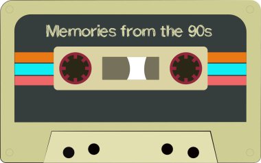Vintage tape cassettes. Retro mixtape, 1980s pop song cassettes, and stereo music cassettes. 90's hifi disco dance audio cassette, analog player tape recording cassette.