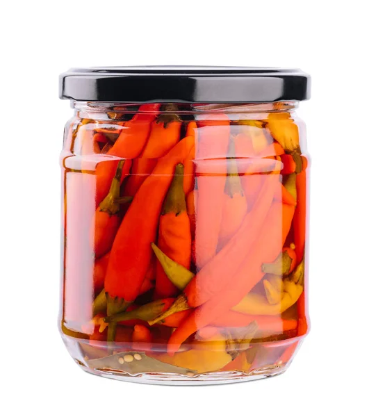 Glass Jars Pickled Chili Peppers White Background — Stock Photo, Image