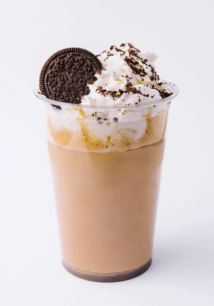 Chocolate Milkshake Covered Whipped Cream Plastic Glass Isolated — Fotografia de Stock