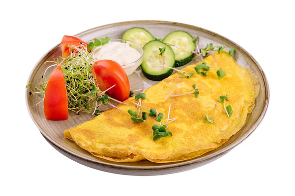 Omelet Cheese Parsley Sliced Tomatoes Cucumbers Plate — Foto de Stock