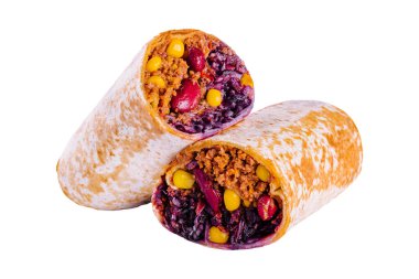 Mexican beef burrito isolated on white background