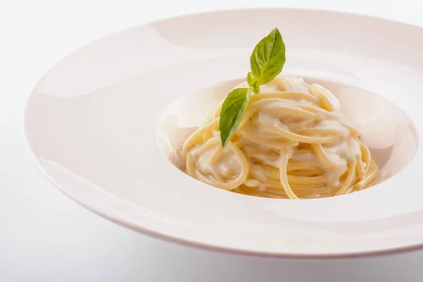 Spaghetti White Cream Sauce White Plate — Foto de Stock