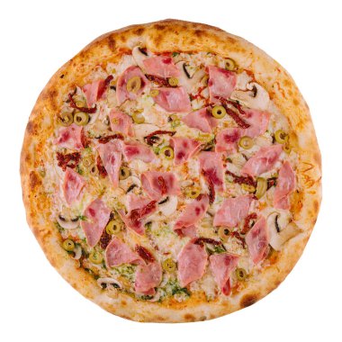 Pizza jambon ve mantar beyaz arka planda izole