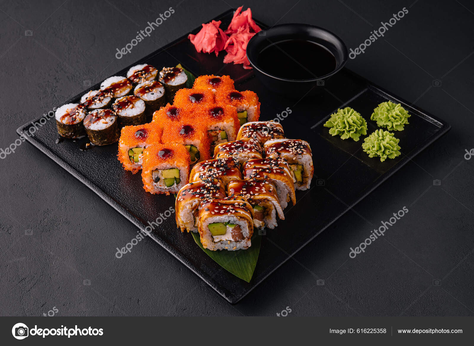 Big Set Rolls Wasabi Pickled Ginger Stone Serving Board Stock Photo by