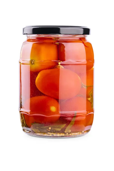 Pickled Tomatoes Glass Jar White Background — Stock Photo, Image