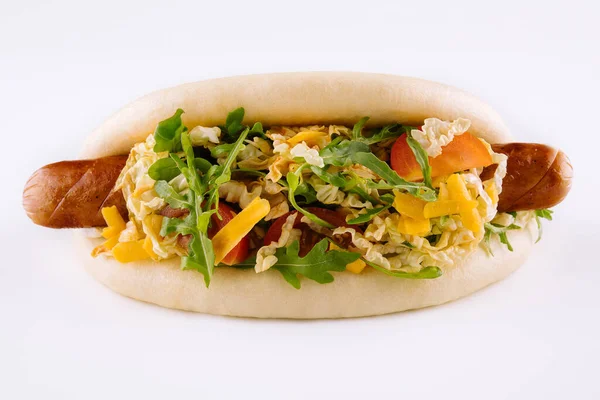 Gezond Smakelijk Hotdog Met Grote Gegrilde Worst — Stockfoto