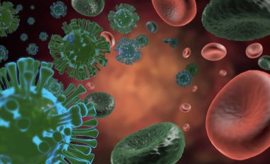 3D rendering of coronavirus invading the bloodstream. Healthy blood cells, diseased blood cells and coronavirus