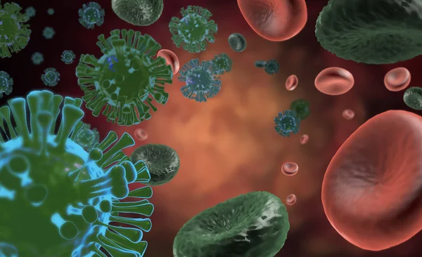 3D rendering of coronavirus invading the bloodstream. Healthy blood cells, diseased blood cells and coronavirus